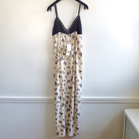 Zara Floral Satin Printed Crochet Cream Maxi Tank Dress Prairiecore NWT Small - Picture 9 of 14